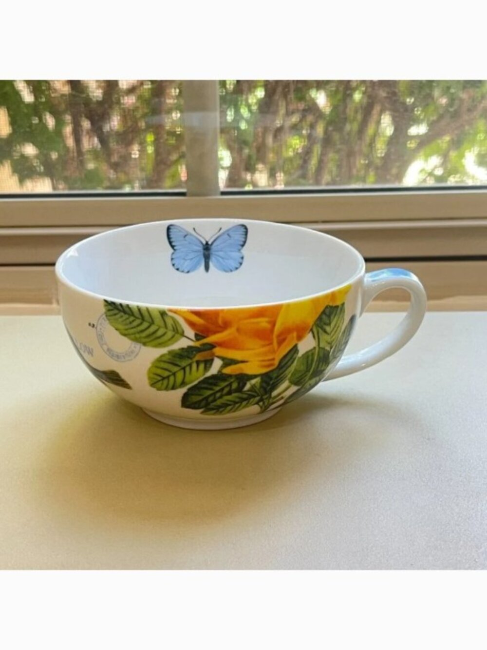 New Fringe Studio Mug Cup Yellow Rose Blue Butterfly Bird Barnes & Noble